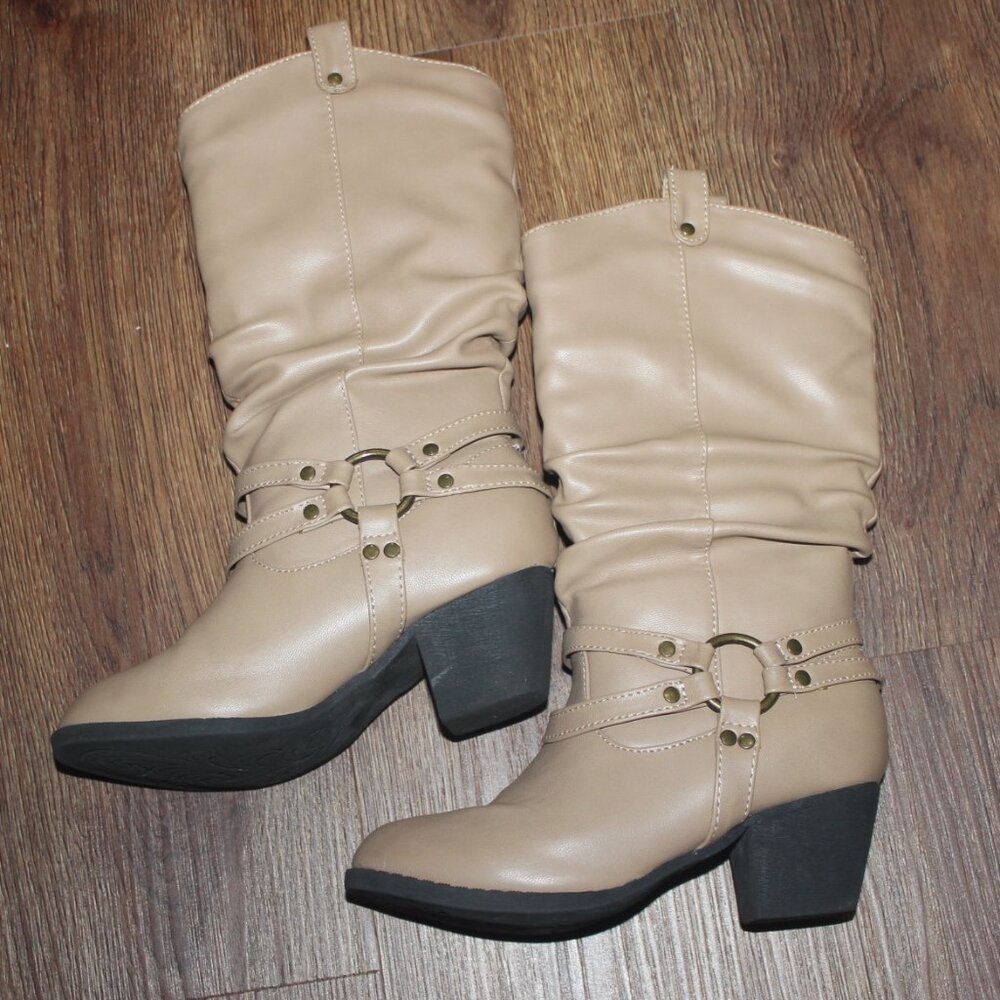 Girls Unionbay Tan Faux Leather Tall Scrunchy Heel Boots Casual Fall Cowgirl 12